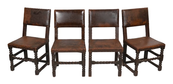 SET OF FOUR OAK SIDE CHAIRS 17th Century or Earlier Back heights 34". Seat heights 17.5".