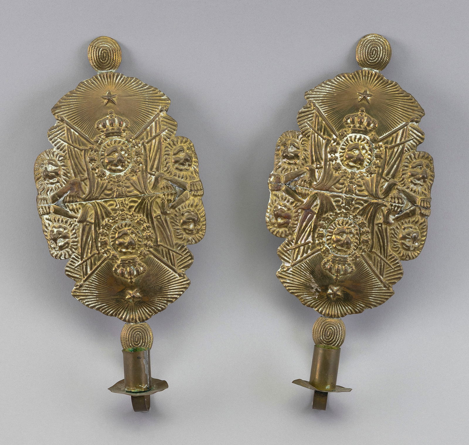 PAIR OF CONTINENTAL BRASS WALL SCONCES 19th Century or Earlier Heights 11.25". Widths 5". (1 of 2)