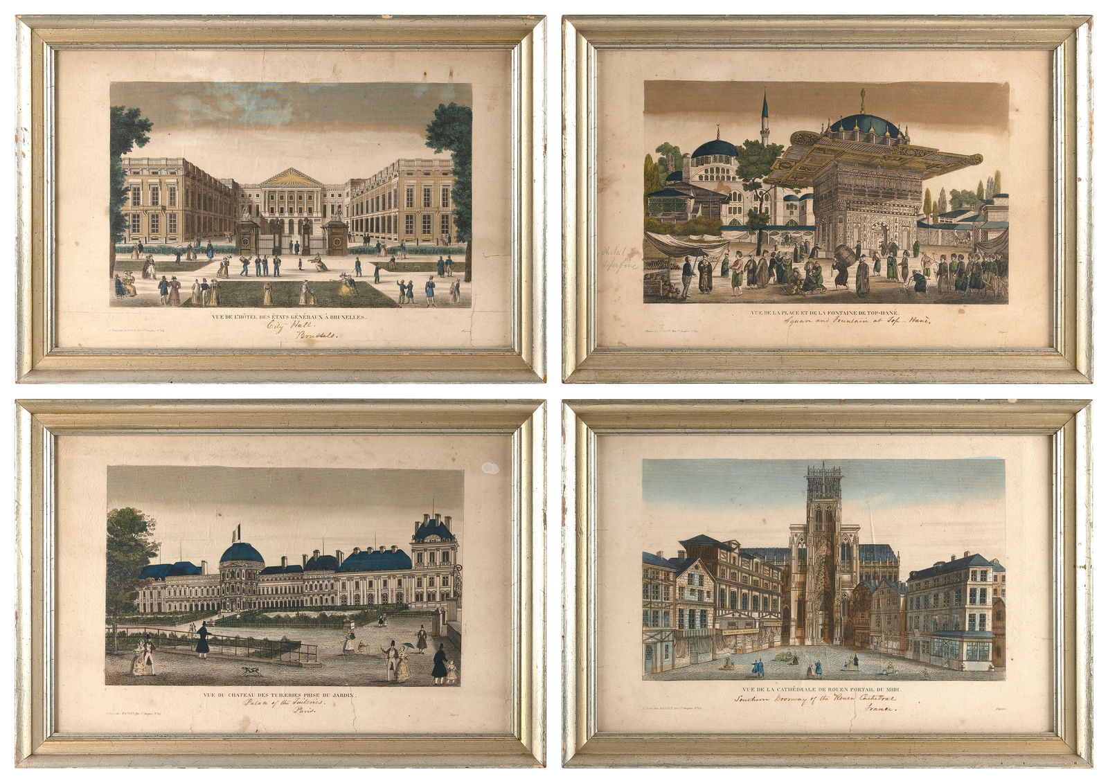 SET OF FOUR FRENCH HAND-COLORED ARCHITECTURAL PRINTS 18th Century 11.5" x 17.5". Framed 12.75" x (1 of 5)