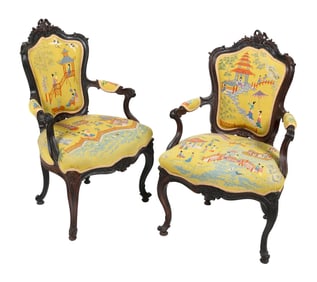 PAIR OF LOUIS XIV WALNUT ARMCHAIRS France, 18th Century Back heights 38". Seat heights 19".