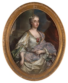 FRENCH SCHOOL (18th Century,), Portrait of a woman wearing a gold-trimmed silver satin gown and a