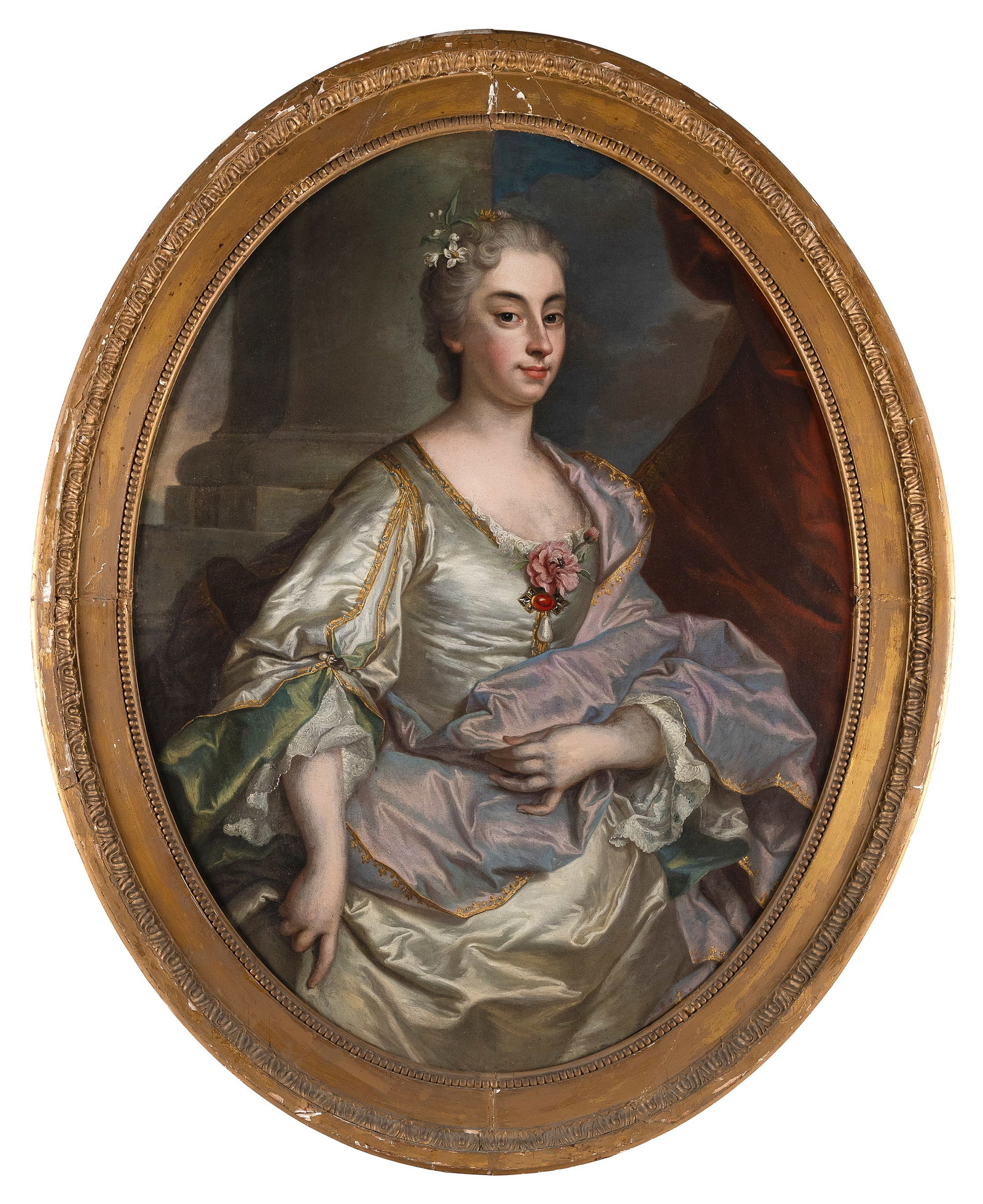 FRENCH SCHOOL (18th Century,), Portrait of a woman wearing a gold-trimmed silver satin gown and a (1 of 4)