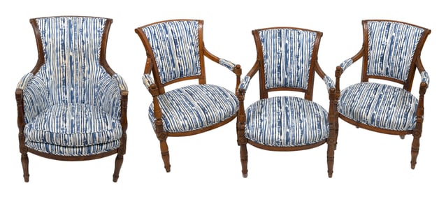 FOUR FRENCH DIRECTOIRE ARMCHAIRS IN MATCHING UPHOLSTERY Circa 1750