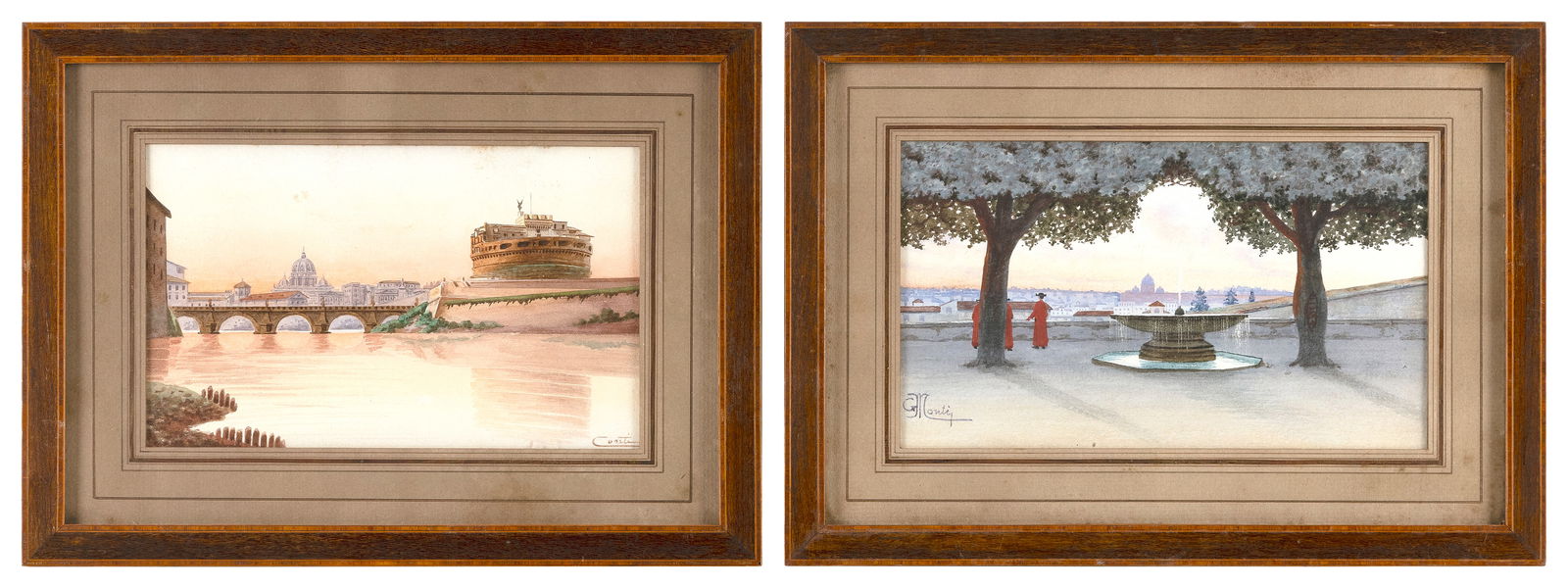 GIOVANNI MONTI (Italy, 1779-1844), Two Italian scenes:, Watercolors on paper, 5" x 8". Framed 9" x (1 of 2)