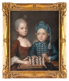 CONTINENTAL SCHOOL (19th Century,), A puppy watching two children playing a card game., Pastel on