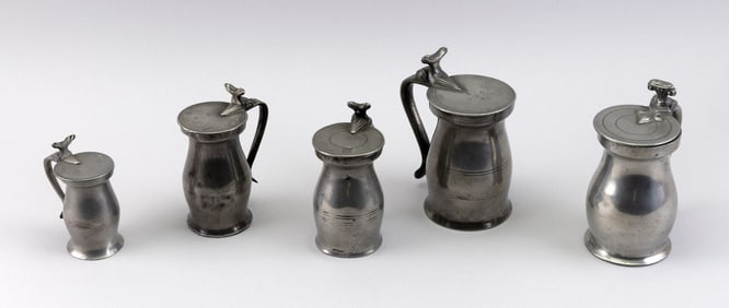 FIVE PEWTER LIDDED MEASURES 18th/Early 19th Century Heights from 4.25" to 6.5".