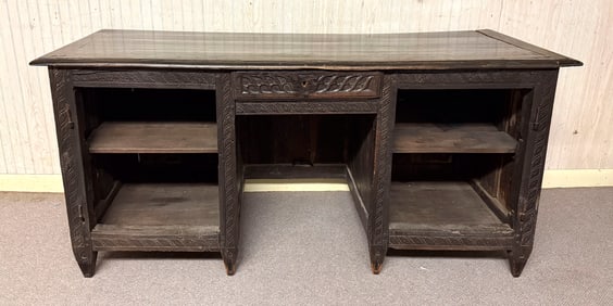 ENGLISH RELIEF-CARVED OAK KNEEHOLE DESK 18th Century Height 29.5". Width 52.75". Depth 25.25".