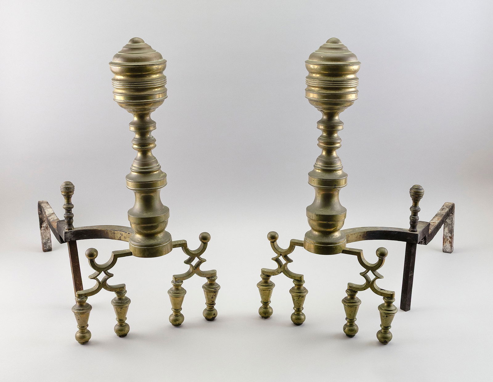 LARGE PAIR OF SHERATON BRASS ANDIRONS 19th Century Heights 22". Depths 22". (1 of 1)