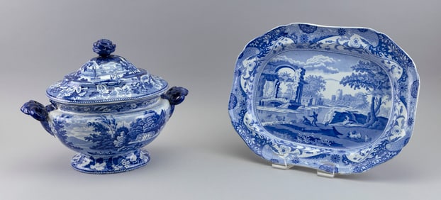STAFFORDSHIRE COVERED TUREEN AND UNDERTRAY England, 19th Century Tureen height 11.5". Platter length