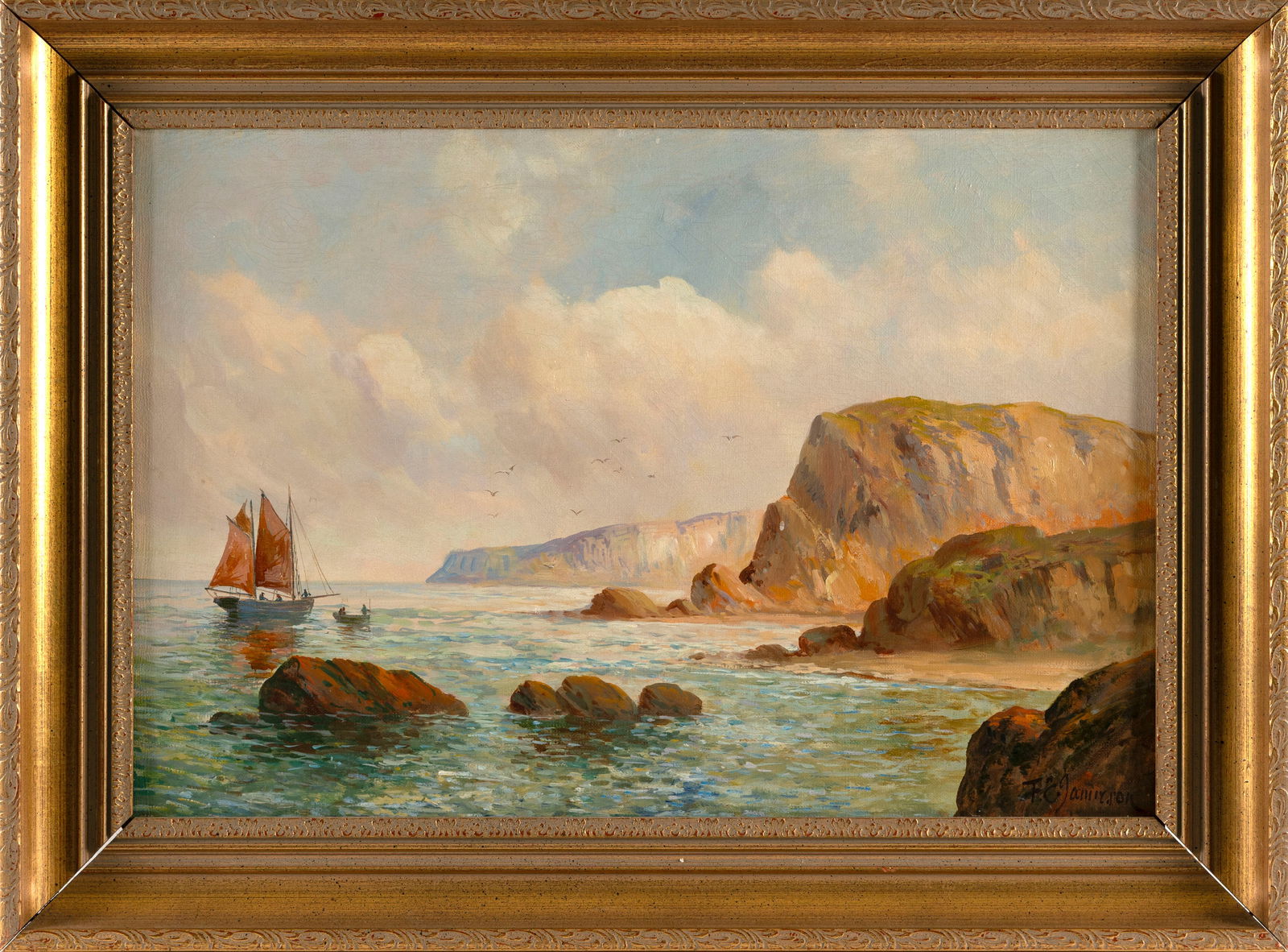 FRANCIS E. JAMIESON (Scotland/United Kingdom, 1895-1950), Vessel off the coast., Oil on canvas, 16": FRANCIS E. JAMIESONScotland/United Kingdom, 1895-1950Vessel off the coast. Signed lower right "F.E. Jamieson".Oil on canvas, 16" x 24". Framed 21.75" x 29.5".
