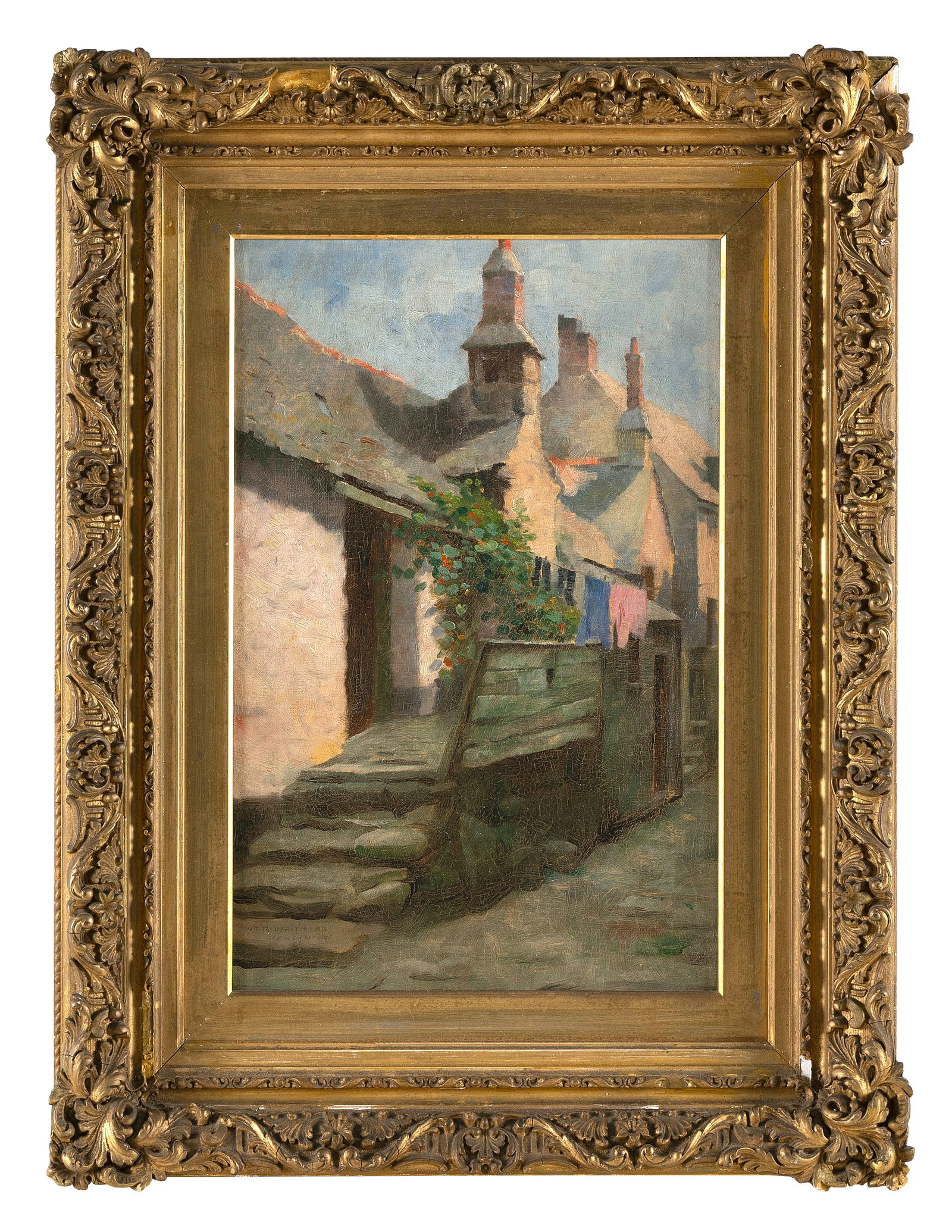 ENGLISH SCHOOL (19th Century,), A street in Cornwall., Oil on canvas, 18" x 12". Framed 26" x 20".: ENGLISH SCHOOL19th CenturyA street in Cornwall. Unsigned. Inscribed in pencil verso "Cornwall".Oil on canvas, 18" x 12". Framed 26" x 20". Provenance:The Estate of Jim Lyons.