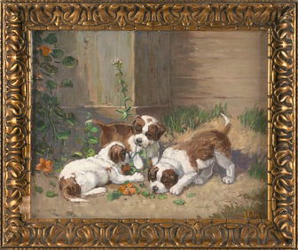 ENGLISH SCHOOL (20th Century,), Puppies playing in the flowerbed., Oil on canvas, 15.75" x