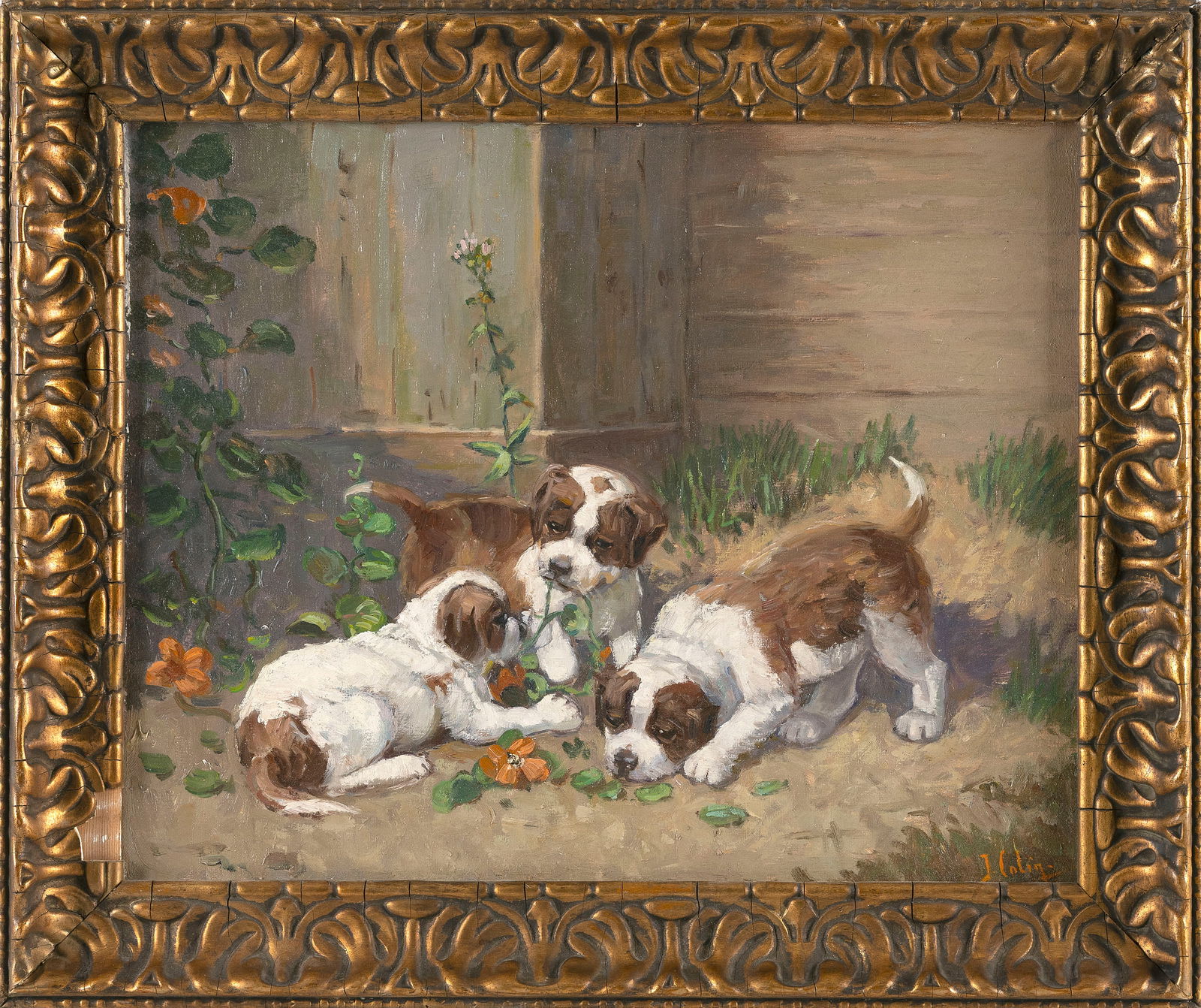 ENGLISH SCHOOL (20th Century,), Puppies playing in the flowerbed., Oil on canvas, 15.75" x (1 of 2)