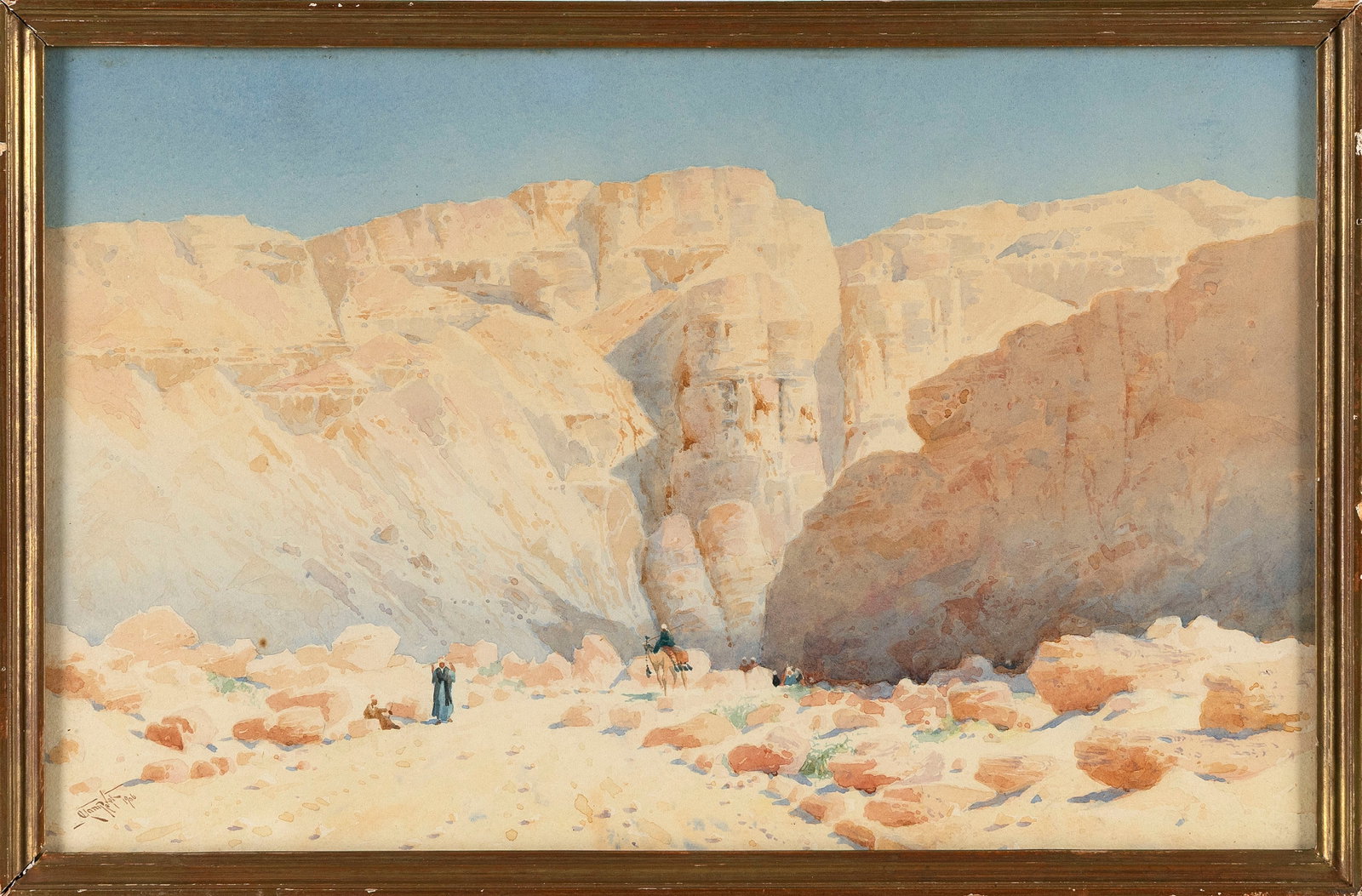AUGUSTUS OSBORNE LAMPLOUGH (America/United Kingdom, 1877-1930), Figures in an arid landscape, likely: AUGUSTUS OSBORNE LAMPLOUGH America/United Kingdom, 1877-1930 Figures in an arid landscape, likely a view of Bou Saada, Algeria. Signed and dated lower left "A. Lamplough 1906". Watercolor on paper, 9.