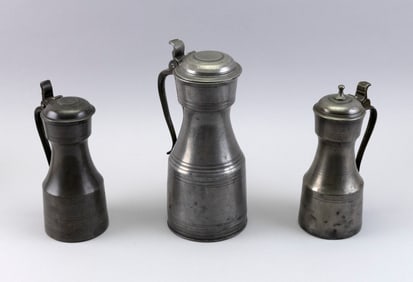 THREE PEWTER TAPPIT HENS Late 18th/Early 19th Century Heights from 9" to 11".