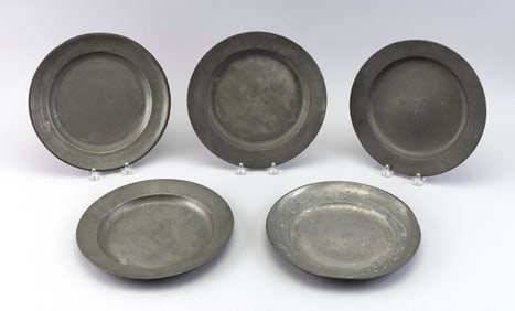 FIVE PEWTER PLATES 18th/19th Century Diameters approx. 9.5".