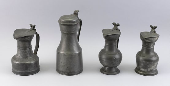 FOUR PEWTER TAPPIT HENS First Half of the 19th Century Heights from 9" to 11".