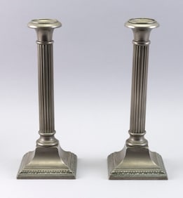 PAIR OF PEWTER COLUMN-FORM CANDLESTICKS 19th Century Heights 12.5".