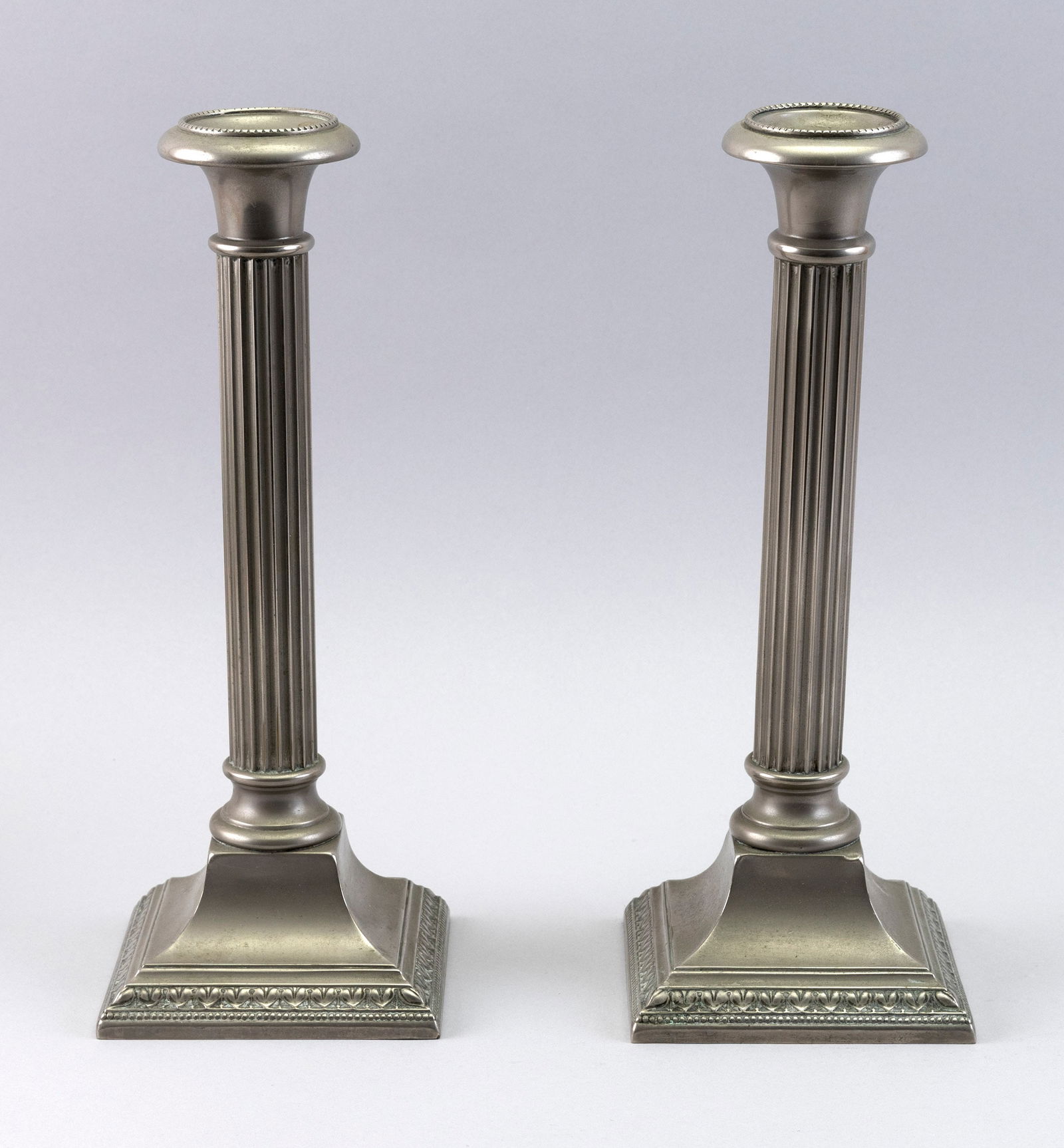 PAIR OF PEWTER COLUMN-FORM CANDLESTICKS 19th Century Heights 12.5". (1 of 2)