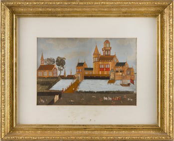EARLY COLLAGE DEPICTING A EUROPEAN VILLAGE 19th Century 8.25" x 12.25" sight. Framed 17" x 21.25".