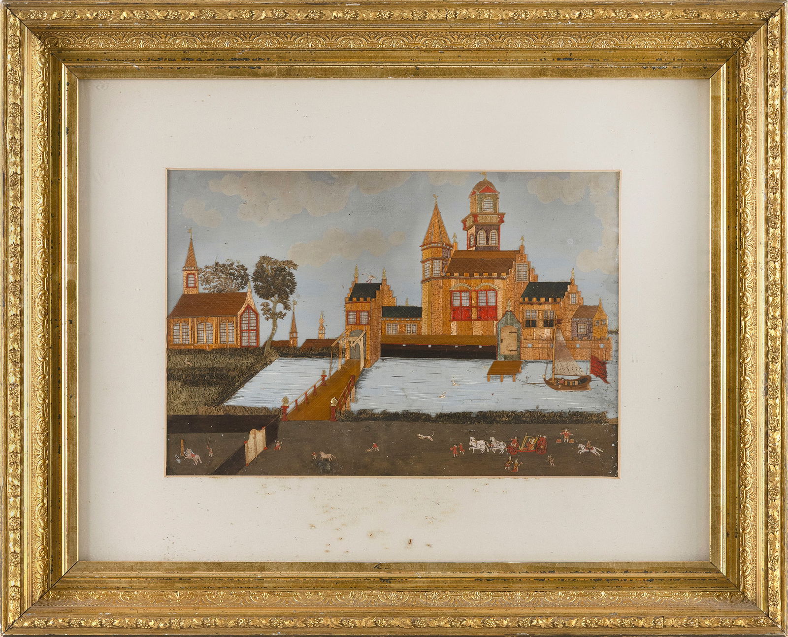 EARLY COLLAGE DEPICTING A EUROPEAN VILLAGE 19th Century 8.25" x 12.25" sight. Framed 17" x 21.25".: EARLY COLLAGE DEPICTING A EUROPEAN VILLAGE19th CenturyUnusual composition composed of woven straw or reeds and small pieces of painted paper on a gouache painted background. Unsigned.8.25" x 12.25" si