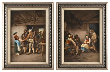 PAIR OF GERMAN PAINTED PORCELAIN PLAQUES 19th Century 12.5" x 9". Framed 16" x 12".