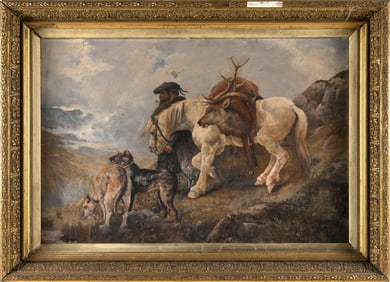 CONTINENTAL SCHOOL (19th Century,), Hunter with his horse, hounds and prize buck., Oil on canvas,