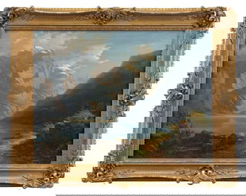 GOTTLIEB BION (Switzerland, 1804-1876), Mountain lake., Oil on canvas, 18" x 23.75". Framed 23" x