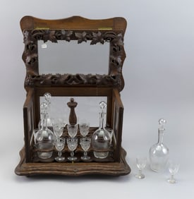 BLACK FOREST CAVE A LIQUEUR AND ETCHED GLASS DECANTER SET Bavaria, Late 19th Century Height 11.5".