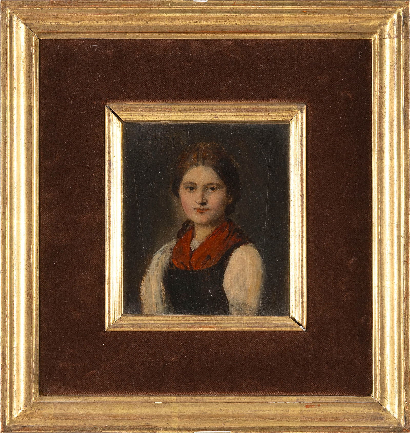 CONTINENTAL SCHOOL (19th Century,), Portrait of a young woman., Oil on board, 5.5" x 4.5". Framed: CONTINENTAL SCHOOL19th CenturyPortrait of a young woman. Signed top left "Defreger[?]".Oil on board, 5.5" x 4.5". Framed 11" x 10".