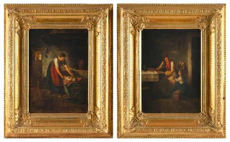 CONTINENTAL SCHOOL (19th Century,), Pair of paintings depicting women tending to children., Oils on