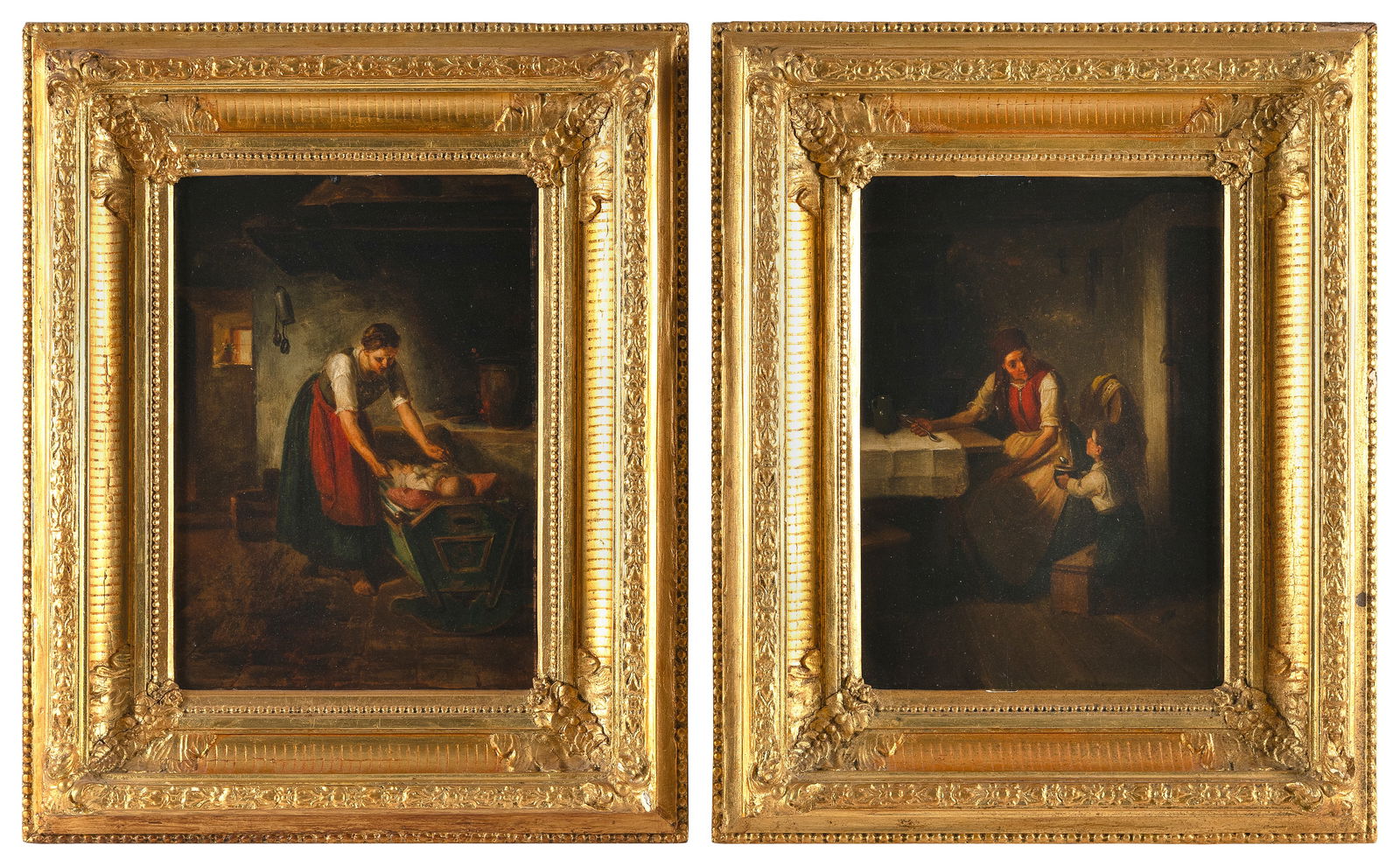 CONTINENTAL SCHOOL (19th Century,), Pair of paintings depicting women tending to children., Oils on (1 of 2)