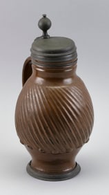 GERMAN BROWN GLAZED POTTERY PITCHER 19th Century Height 13".