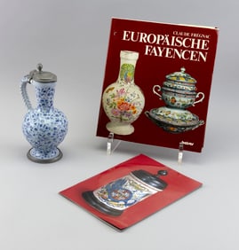 GERMAN POTTERY PITCHER WITH BLUE FLORAL DECORATION 19th Century Height 10.75".