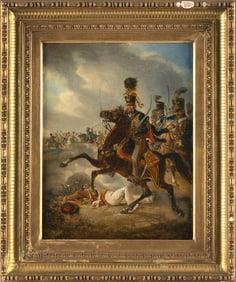 CONTINENTAL SCHOOL (19th Century,), Cavalry charge., Oil on canvas, 9" x 7". Framed 12" x 10".