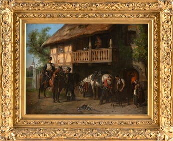 GUSTAV OTTO MULLER (Germany, 1827-1922), Soldiers outside a tavern., Oil on board, 12" x 16". Framed