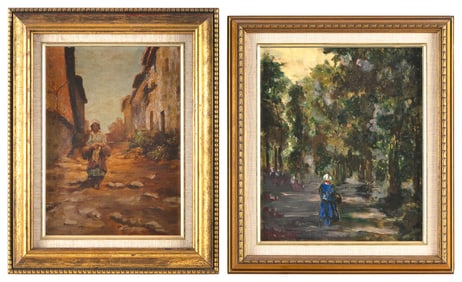 CONTINENTAL SCHOOL (19th Century,), Two scenes of a woman walking down a road, Oils on canvas, 11.5"