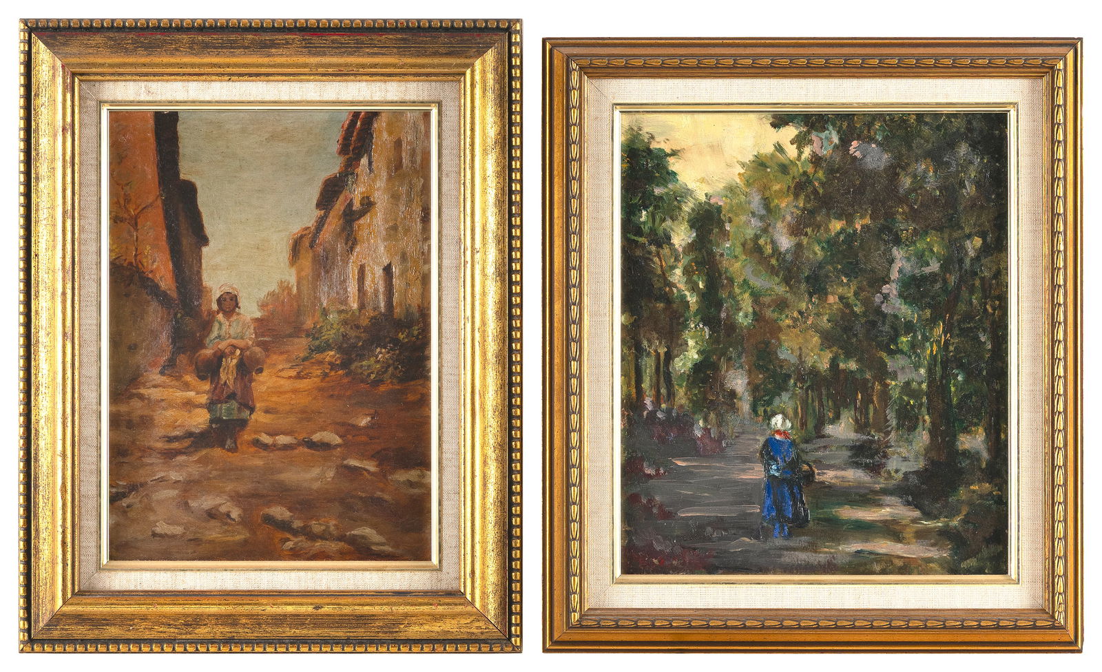 CONTINENTAL SCHOOL (19th Century,), Two scenes of a woman walking down a road, Oils on canvas, 11.5" (1 of 2)