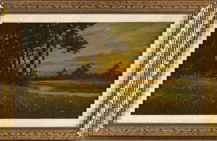 CONTINENTAL SCHOOL (19th Century,), Pines at dusk., Oil on board, 10" x 18". Framed 14.5" x 22.5".