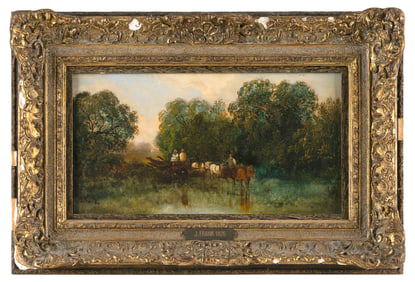 JULIUS FRANK (Germany, 1826-1908), Pastoral scene with a wagon and a team of horses., Oil on canvas,