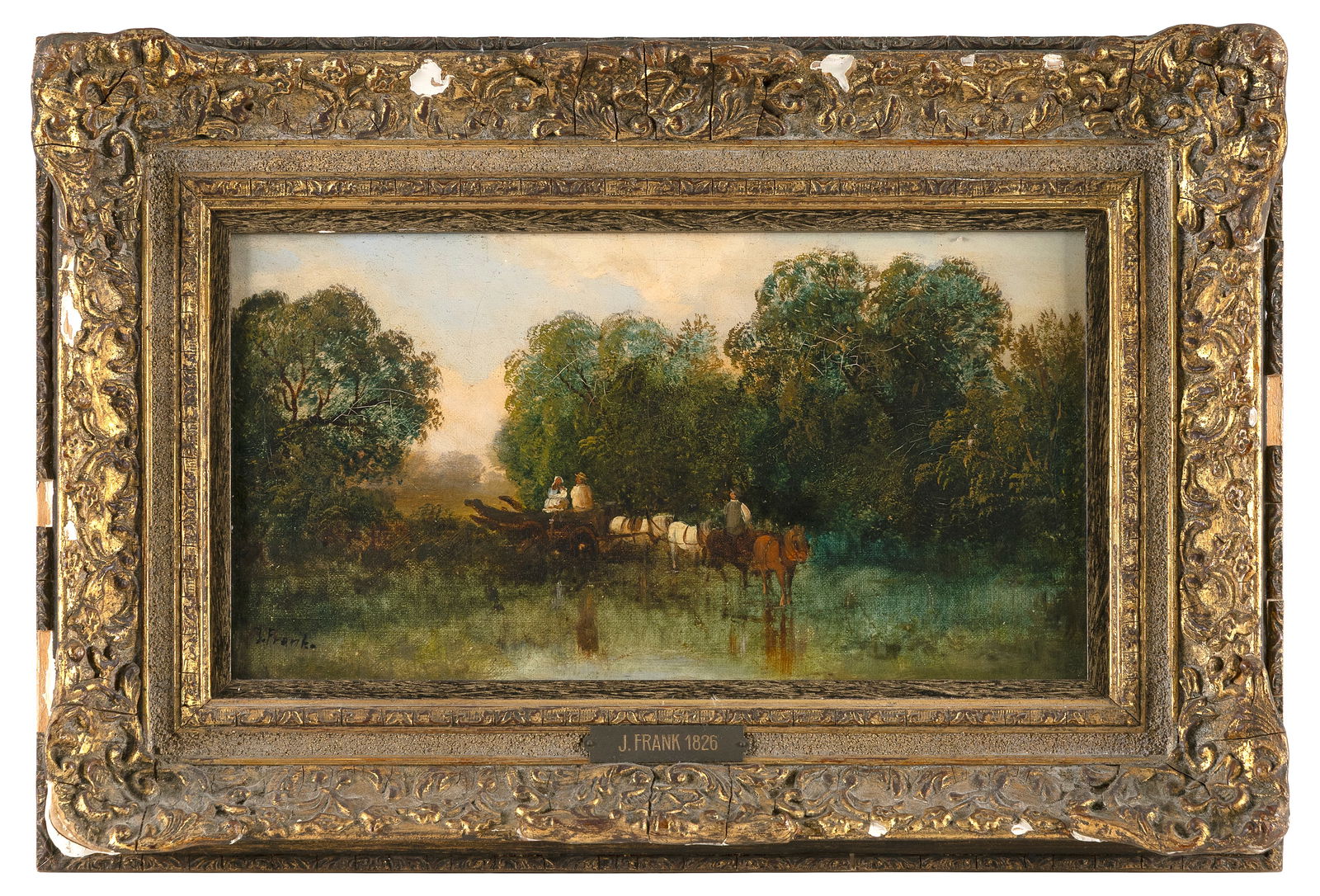 JULIUS FRANK (Germany, 1826-1908), Pastoral scene with a wagon and a team of horses., Oil on canvas, (1 of 2)