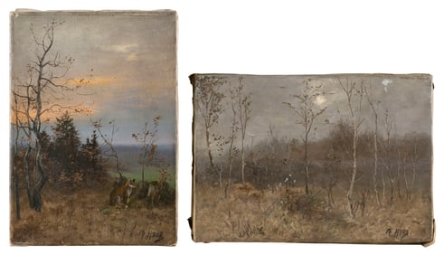 CONTINENTAL SCHOOL (19th Century,), Two woodland landscapes, one with a fox., Oils on canvas, 12.5"
