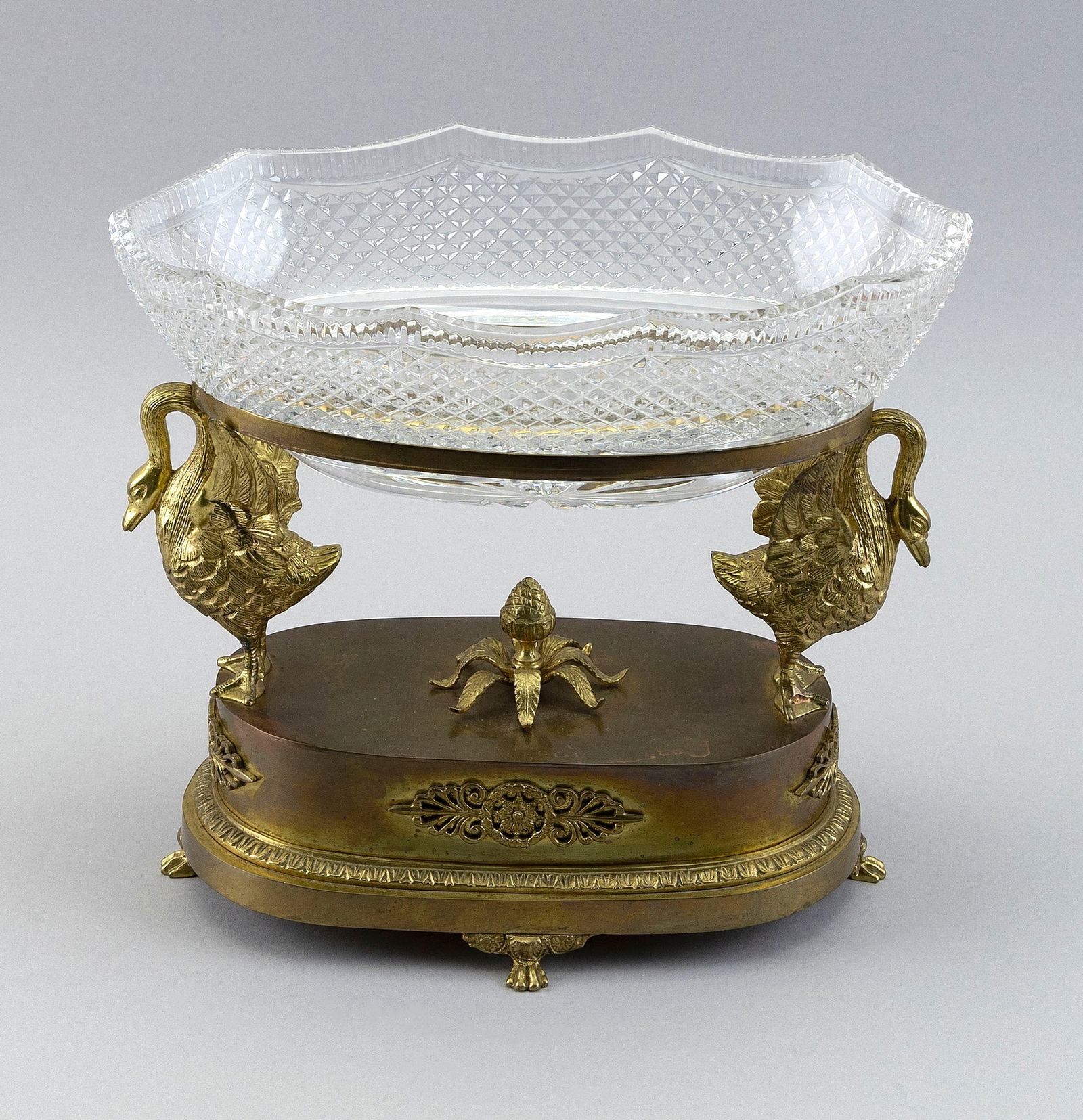 FRENCH EMPIRE-STYLE GILT BRASS AND GLASS CENTERPIECE 20th Century Height 10.25". Width 11.75". Depth (1 of 2)