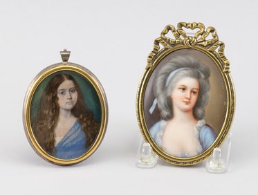 TWO PORTRAIT MINIATURES OF WOMEN 19th Century Lengths 3.5" and 4".