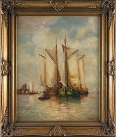 PAUL JEAN CLAYS (Belgium, 1817-1900), Fishing boats off a harbor windmill., Oil on canvas, 30" x