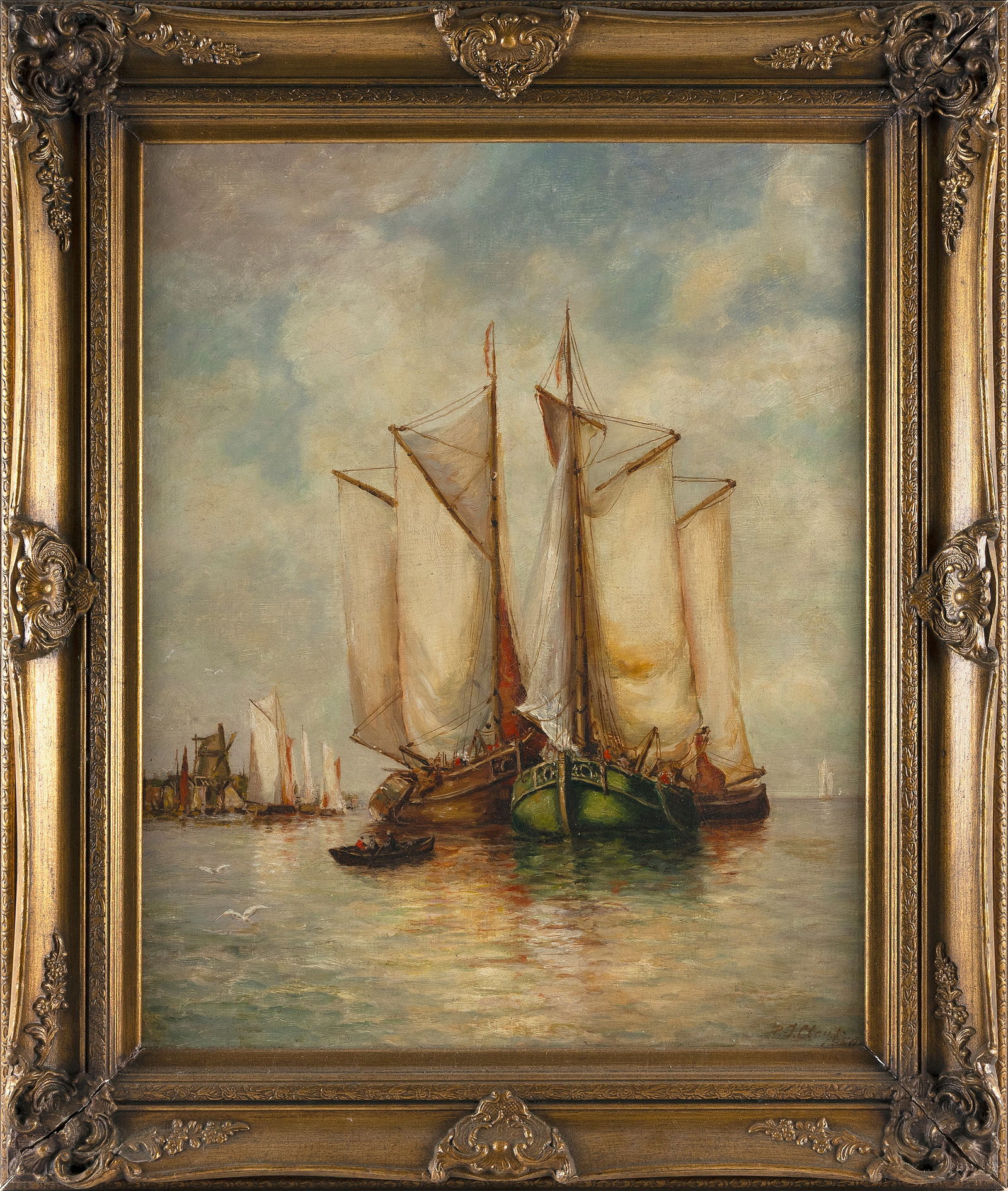 PAUL JEAN CLAYS (Belgium, 1817-1900), Fishing boats off a harbor windmill., Oil on canvas, 30" x (1 of 2)