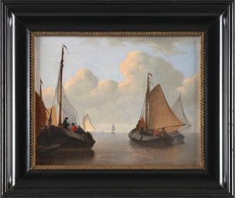 ANTOINE WALDORP (The Netherlands, 1803-1866), Sailboats in a harbor., Oil on panel, 7.5" x 9.5".