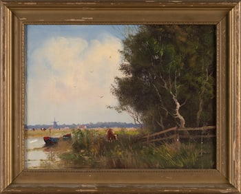 CONTINENTAL SCHOOL (Early 20th Century,), Dutch riverscape., Oil on canvas panel, 12" x 16". Framed