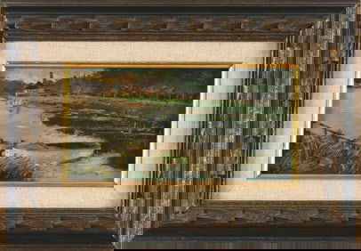 CONTINENTAL SCHOOL (19th Century,), Canal scene, likely Belgium., Oil on panel, 4.75" x 8.75".