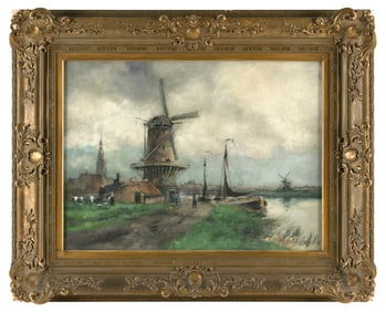 WILLEM J. LEENDERS (The Netherlands, Early 20th Century), Landscape with windmills and a cathedral.,